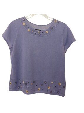 Norton McNaughton Purple Knit Top Sz L Embroidered Mesh Trim Short Sleeve D47